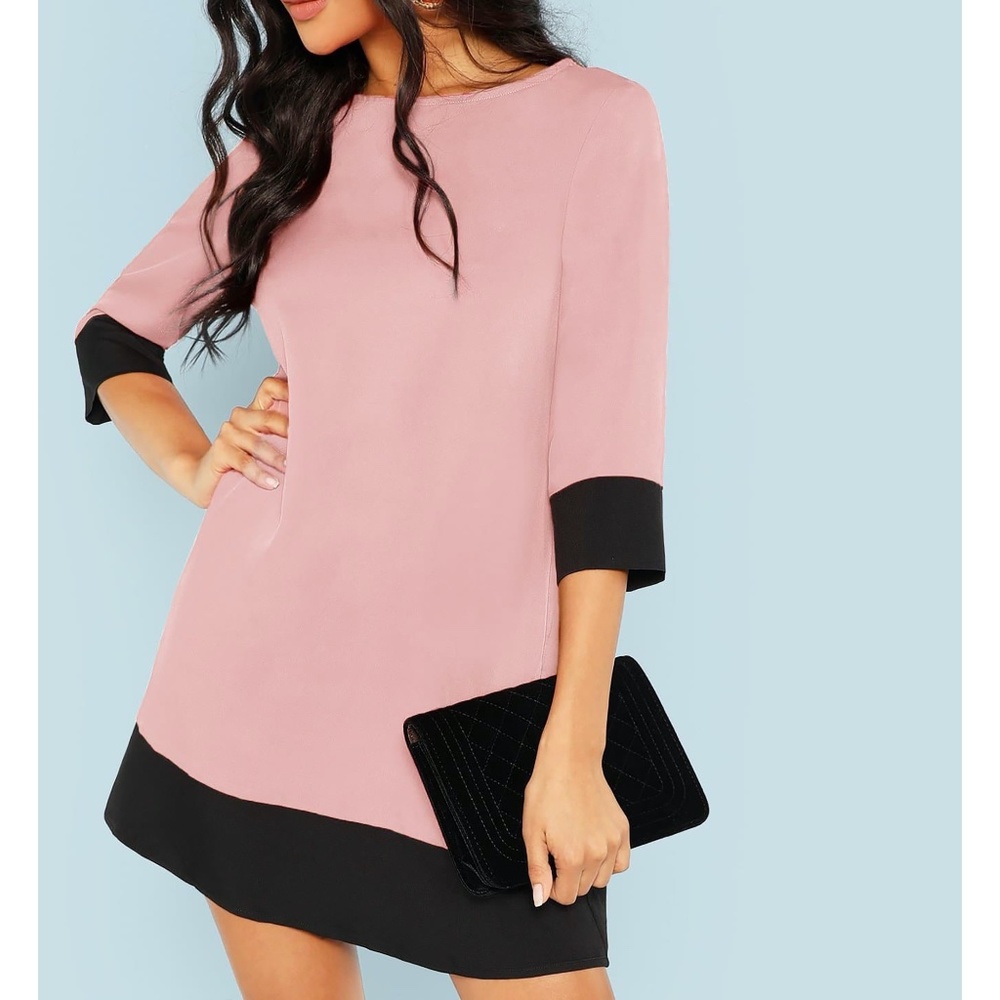 Pink Black Contrast Trim Shift Tunic Dress